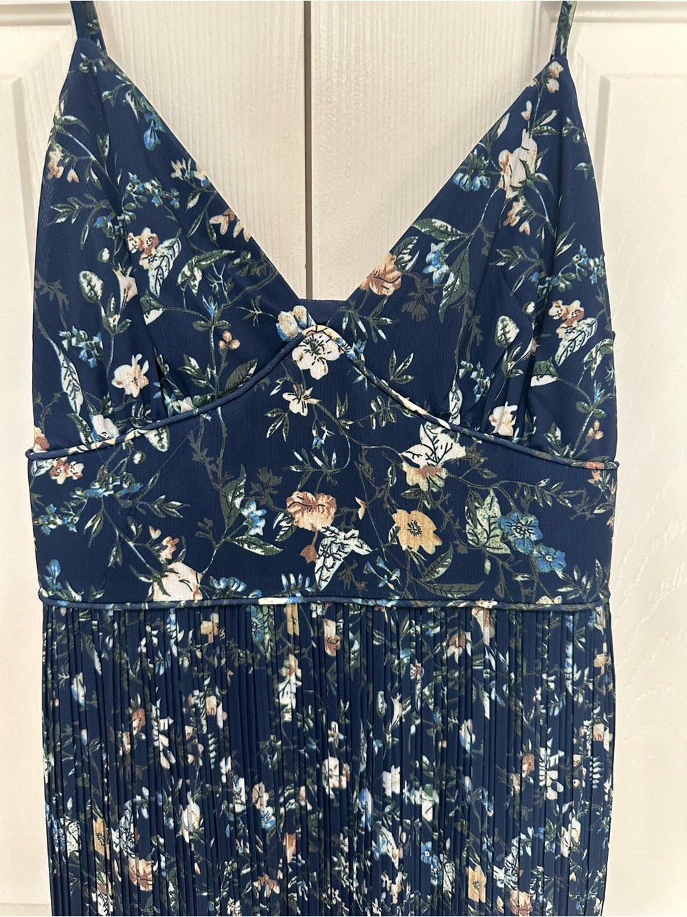 Lulu's Navy Floral Pleated Midi with Spaghetti Straps